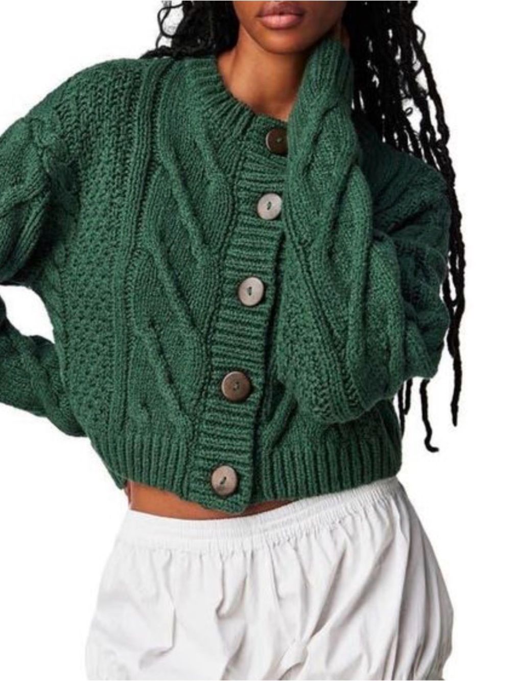 Free People Forest Green Cable Knit Button Cardigan